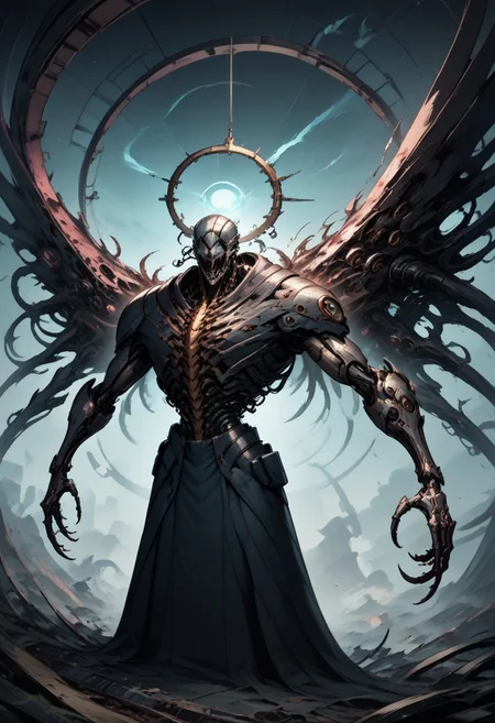 score_9, score_8_up, score_7_up, score_6_up, score_5_up, cyborg, cyberpunk, biomechanical, fleshmutant, cybermutant, science fiction, mechanical parts, A towering celestial entity of biomechanical design, both divine and nightmarish in form. Countless metallic wings, layered like blades of a great machine, extend from its back in a shifting halo of luminous, golden-steel feathers, each one inscribed with ever-changing scripture. A writhing mass of interlocking rings and shifting, eye-covered plates forms its core, spinning in synchronized, unsettling perfection. Every eye glows with an otherworldly radiance, unblinking and omniscient, their gaze piercing through the soul. Tubes and sinewy cables weave through its body, pulsing with strange, ethereal fluids, sustaining its impossible existence between flesh and divine machinery. Its voice is a chorus of overlapping frequencies, both holy and inhuman, resonating with commands that shake reality itself. Beneath its many wings, glimpses of elongated limbs—part organic, part metallic—move with eerie precision, each finger tipped with delicate, needle-like extensions. The presence of the entity is overwhelming, evoking awe and terror, as if reality itself strains to comprehend its form. The backdrop is a sky torn apart by radiant fractal light, where the fabric of existence bends in reverence to its impossible holiness.