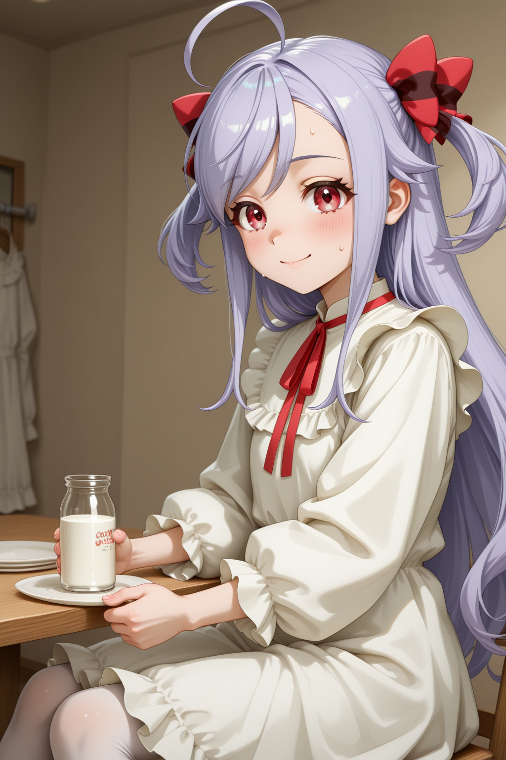 masterpiece, best quality, amazing quality, 1girl, solo, makeup, perspective, general, looking at viewer, smile, blush, from side, dressing room, sitting, sit on chair, table, holding, milk, sweat, after stage, tired smile, hanging stage clothes, <lora:Niizuma_Yae_SIRIUS:1>, Niizuma_Yae_SIRIUS, long hair, red eyes, hair bow, red ribbon, purple hair, two side up, ahoge, sidelocks, swept bangs, dress, white dress, frilled dress, neck ribbon, long sleeves, puffy sleeves, white pantyhose, <lora:wai-2Rectified-V140:1>, <lora:illustrious_noobai_epsilon_pred_1_masterpieces_v1:1>