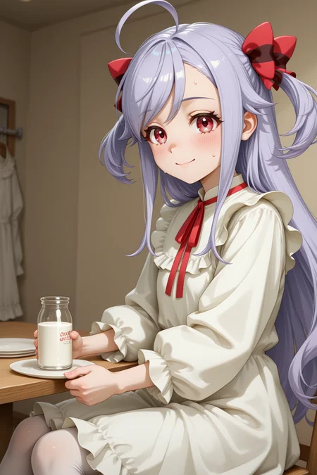 masterpiece, best quality, amazing quality, 1girl, solo, makeup, perspective, general, looking at viewer, smile, blush, from side, dressing room, sitting, sit on chair, table, holding, milk, sweat, after stage, tired smile, hanging stage clothes, <lora:Niizuma_Yae_SIRIUS:1>, Niizuma_Yae_SIRIUS, long hair, red eyes, hair bow, red ribbon, purple hair, two side up, ahoge, sidelocks, swept bangs, dress, white dress, frilled dress, neck ribbon, long sleeves, puffy sleeves, white pantyhose, <lora:wai-2Rectified-V140:1>, <lora:illustrious_noobai_epsilon_pred_1_masterpieces_v1:1>