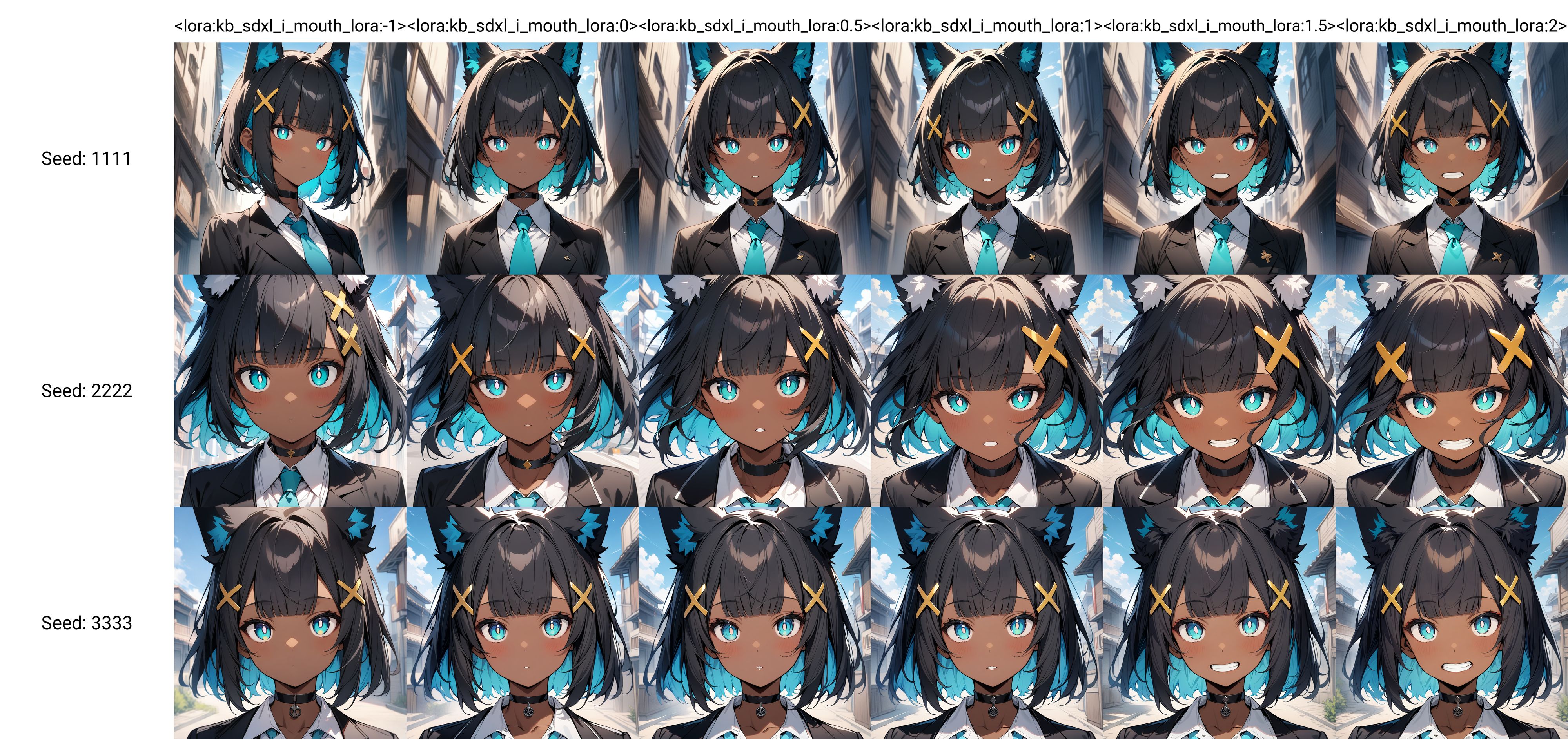 masterpiece,best quality,1girl,dark skin,dark-skinned female,black hair,bangs,blunt bangs,blue inner hair,short hair,yellow x hair ornament,fox ears,white pompom in ears,aqua eyes,white pupils,bright pupils,black choker,(black blazer:1.1),white shirt,aqua tie,sky,detailed background,face focus,<lora:kb_sdxl_i_mouth_lora:-1>,
