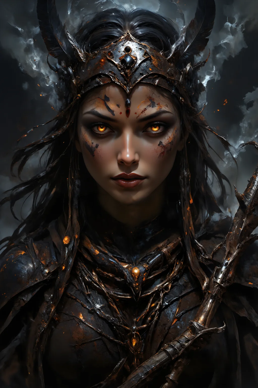 A close-up portrait of a tribal shamaness, her face adorned with layers of worn, painted patterns in shades of ochre and deep red. Her gaze is intense and unwavering, her bright amber eyes reflecting ancient campfires. Feathers of black and grey hang from a twisted leather circlet, swaying slightly in the breeze, while behind her, faint shadows of writhing spirits can be glimpsed through a thick, curling smoke. Her lips are pressed together in silent concentration, and the gnarled staff clutched in her hand has fragments of obsidian embedded in it, glinting ominously in the moonlight.<lora:FLUX-daubrez-DB4RZ-v2:0.6> <lora:artisketchyfs-v02:0.75> <lora:aidmaFLUXpro1.1:0.7> <lora:aidmaHyperRealismV0.2:0.4> <lora:Shattered_Void:0.62> <lora:MysticFantasy:0.4> <lora:Magic of Art (FLUX):0.4> <lora:HORROR_lora.TA_trained:0.8> <lora:lorafy_detail_enhancer:0.7>