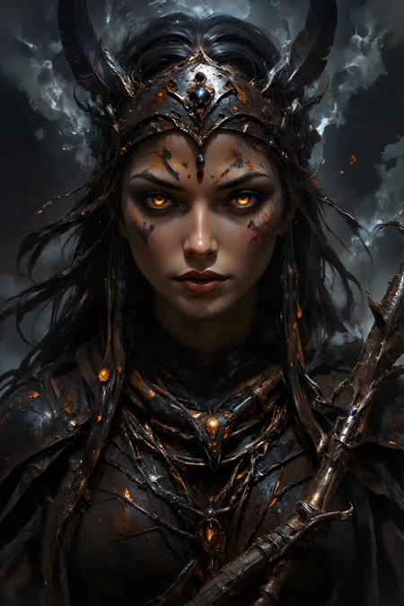 A close-up portrait of a tribal shamaness, her face adorned with layers of worn, painted patterns in shades of ochre and deep red. Her gaze is intense and unwavering, her bright amber eyes reflecting ancient campfires. Feathers of black and grey hang from a twisted leather circlet, swaying slightly in the breeze, while behind her, faint shadows of writhing spirits can be glimpsed through a thick, curling smoke. Her lips are pressed together in silent concentration, and the gnarled staff clutched in her hand has fragments of obsidian embedded in it, glinting ominously in the moonlight.<lora:FLUX-daubrez-DB4RZ-v2:0.6> <lora:artisketchyfs-v02:0.75> <lora:aidmaFLUXpro1.1:0.7> <lora:aidmaHyperRealismV0.2:0.4> <lora:Shattered_Void:0.62> <lora:MysticFantasy:0.4> <lora:Magic of Art (FLUX):0.4> <lora:HORROR_lora.TA_trained:0.8> <lora:lorafy_detail_enhancer:0.7>