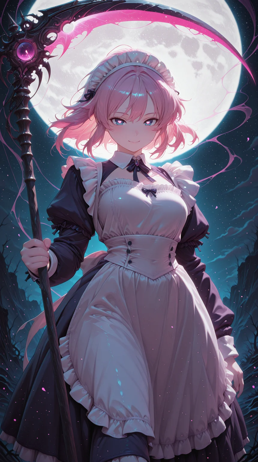 1girl, glowing scythe, full moon, mist, ethereal, dark fantasy, dramatic lighting, night sky, mysterious atmosphere, fantasy setting masterpiece, best quality, amazing quality, very aesthetic, absurdres, detailed eyes, newest, <lora:CivChan:1>, CivChan, purple eyes, pink hair, maid outfit, <lora:PinkieNeonAnimeIL:0.5>, neon illustration in the style of pinkneonanime,