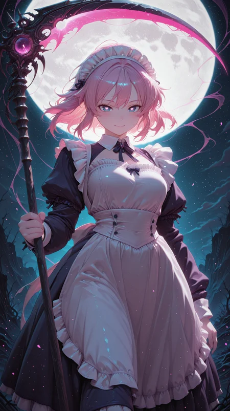 1girl, glowing scythe, full moon, mist, ethereal, dark fantasy, dramatic lighting, night sky, mysterious atmosphere, fantasy setting masterpiece, best quality, amazing quality, very aesthetic, absurdres, detailed eyes, newest, <lora:CivChan:1>, CivChan, purple eyes, pink hair, maid outfit, <lora:PinkieNeonAnimeIL:0.5>, neon illustration in the style of pinkneonanime,