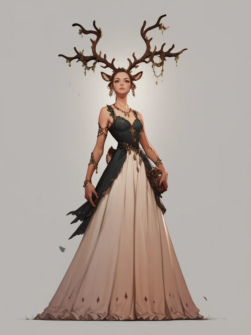 score_9, score_8_up, score_7_up, score_6_up, score_5_up, score_4_up, <lora:j14nXLP:0.8> j14n, 1girl, dress, antlers