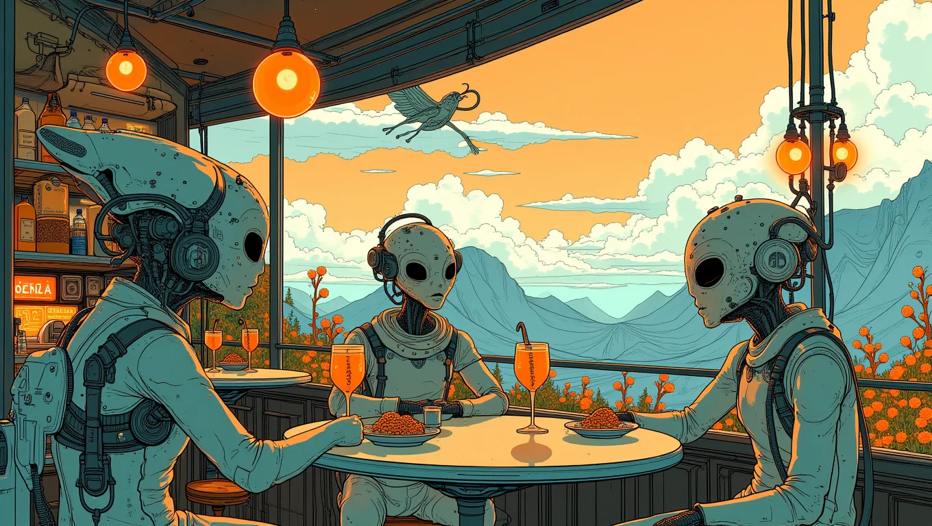 A cozy café on a distant planet, with aliens of various shapes and sizes enjoying exotic beverages. The café is designed with futuristic yet inviting décor, featuring floating tables and holographic menus. The background shows the breathtaking landscape of the alien planet, with unusual flora and a colorful sky. <lora:Blue_Future:1>