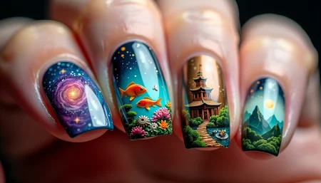 A mesmerizing close-up of four meticulously painted fingernails and one thumb of one hand, each a miniature masterpiece, splays across the frame in a fan-like arrangement. The thumb nail, positioned at the centre, features an ethereal galaxy swirling with vibrant purples and cosmic blues, tiny pinpricks of starlight scattered across its surface. To its right, the index finger showcases a lush underwater scene, teeming with coral and exotic fish in shades of turquoise and orange. The middle finger's nail is a canvas for a serene Japanese garden, complete with a delicate cherry blossom tree and a tranquil koi pond. The ring finger boasts an intricate steampunk design, gears and cogs seemingly in motion against a burnished copper background. Finally, the pinky nail depicts a whimsical fairy tale castle perched atop a misty mountain, surrounded by a forest of emerald green. Each nail is perfectly shaped, its edges precise and gleaming. The skin surrounding the nails is soft and well-moisturized, providing a neutral backdrop that allows the nail art to shine. Dramatic lighting casts subtle shadows, enhancing the depth and dimension of each miniature world. The overall composition exudes a sense of wonder and creativity, inviting the viewer to explore the intricate details of these tiny, wearable works of art.