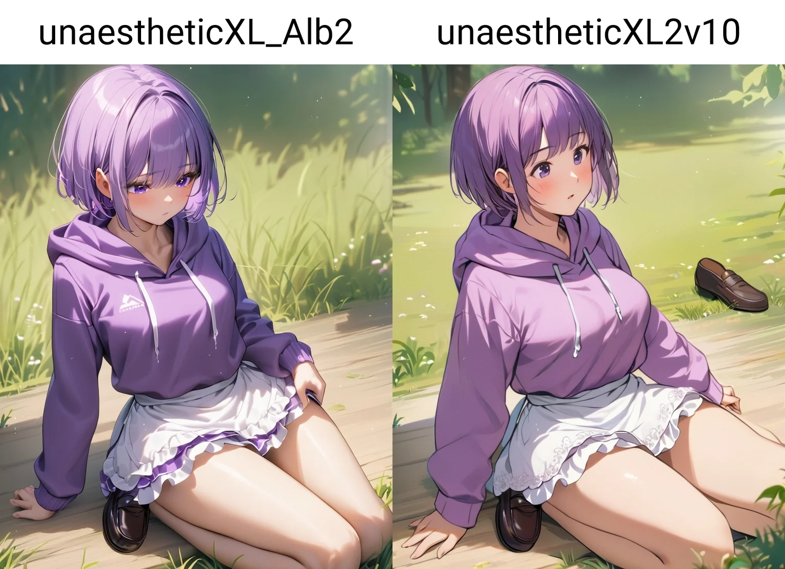 1girl, purple hair, very short hair,  hooded sweatshirt waist apron loafers,  decadent countryside daytime,,  best quality