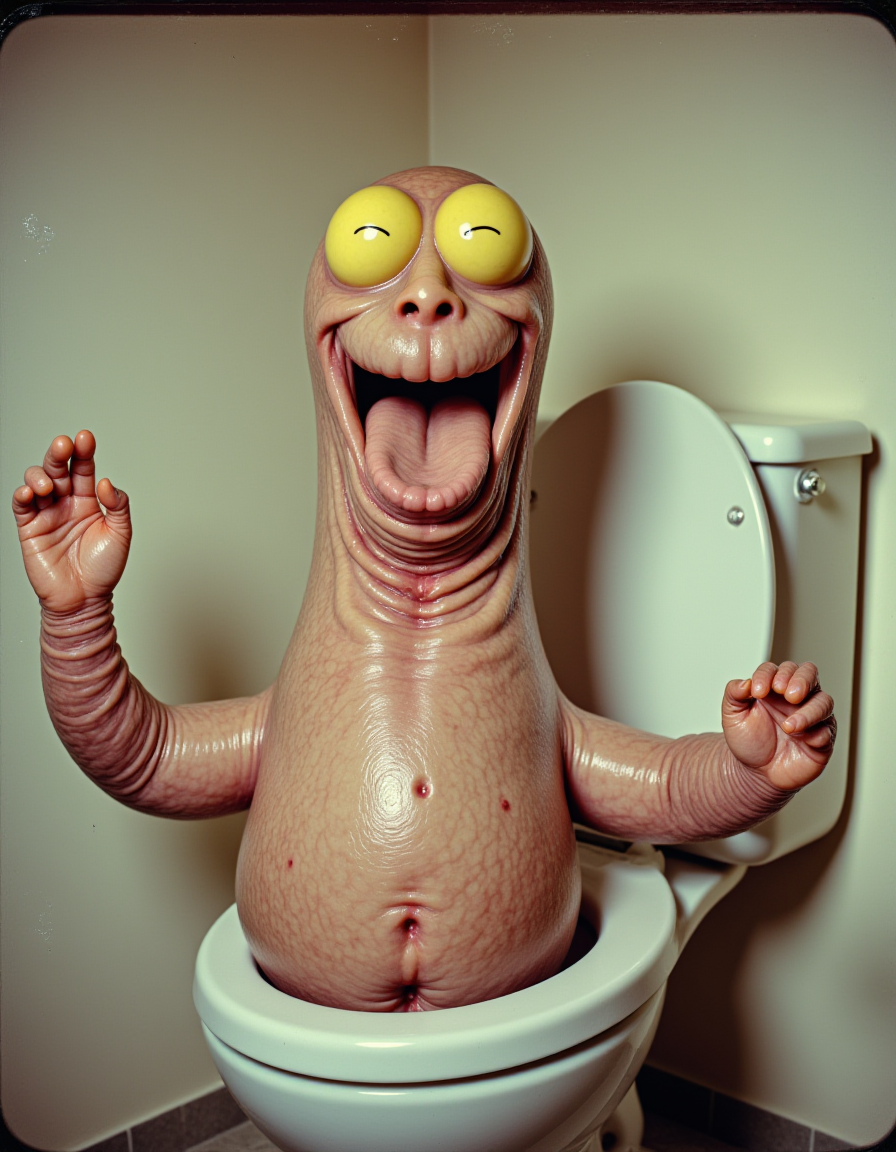 (analog grainy film still taken on polaroid film, vhs footage low quality, Analog distortion effect, Retro video quality) PeenKin, a surreal image of a super mutant rupturing vein hair smiley face walrus addicted to intravenously injecting goo, Waving, in a 1930s aesthetic toilet.  (analog grainy film still taken on polaroid film, vhs footage low quality, Analog distortion effect, Retro video quality)