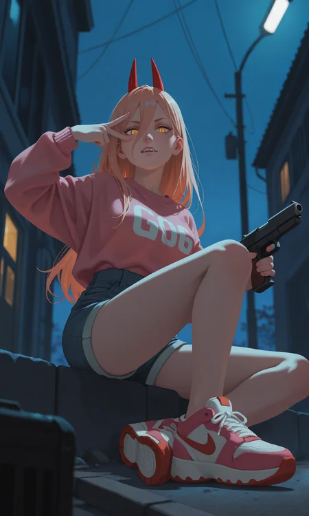 embedding:IllusP0s, g00se, no lineart, power_\(chainsaw_man\), yellow eyes, pink sweater, jean shorts, high top sneakers, horns, contrast lighting, parted lips, outdoors, holding gun, handgun, night, sitting, v over eye, looking at viewer, from below, sharp teeth,<lora:g00se_v3_ill.safetensors:1.1:1.1>