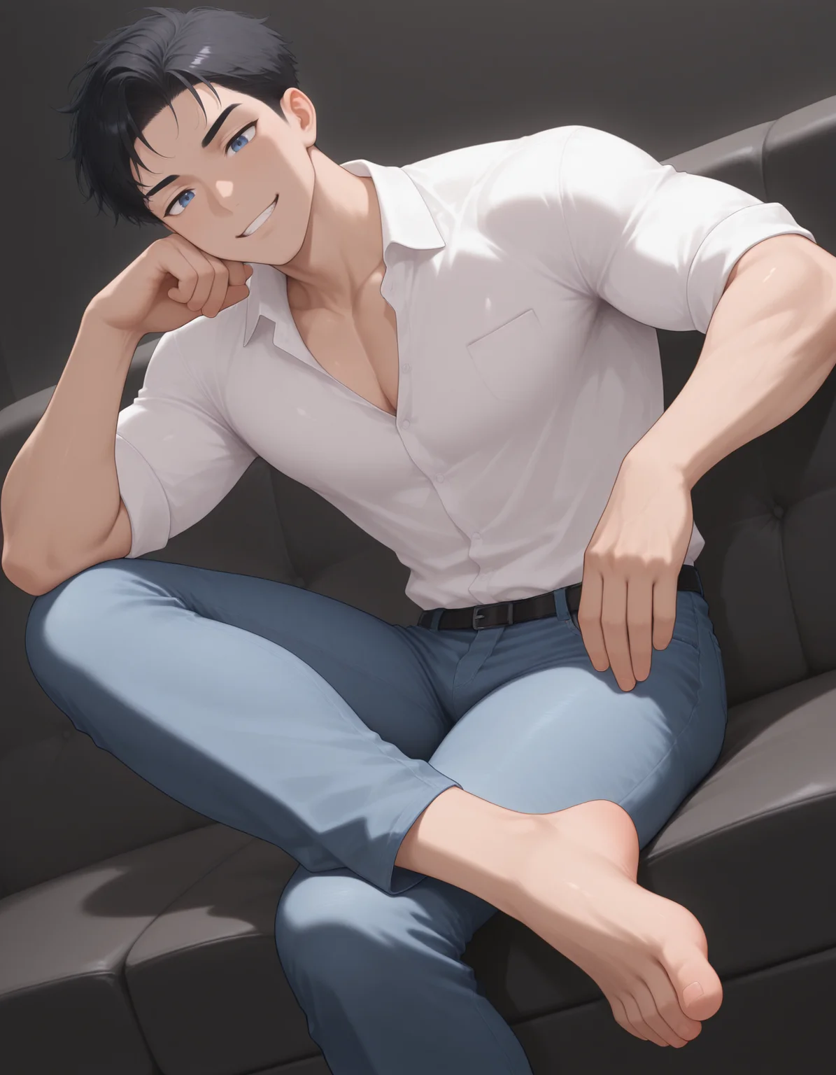 <lora:Crossed_legs_boy:0.9>crs1leg,1male,male focus,cowboy shot,sofa,dutch angle,shiny skin,grin,elbow on knee,muscler,black theme,dark skin,white dress shirt,denim pants,barefoot,, BREAK masterpiece, best quality, absurdres, newest, perfect quality, best quality, absolutely eye-catching, intricate details