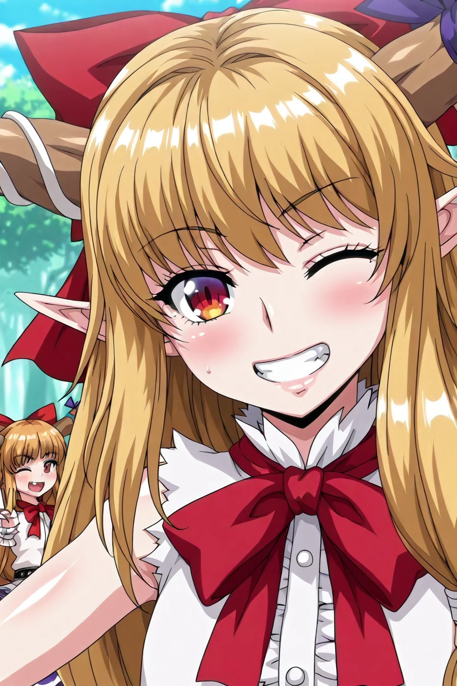 shiny skin, posing,
<lora:elfmori.il:1>,
elfmori,
ibuki suika,
safe, general,
one eye closed, peace,