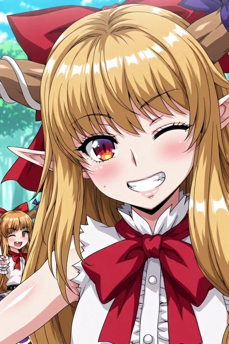 shiny skin, posing,
<lora:elfmori.il:1>,
elfmori,
ibuki suika, 
safe, general, 
one eye closed, peace,