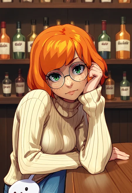 score_9, score_7_up BREAK from side,pov,1girl,short hair,orange hair,freckles,green eyes,round-frame glasses,turtleneck sweater,bent over,looking at viewer,cheek press,elbow rest,bar,jeans <lora:negarobo_pd:1>
