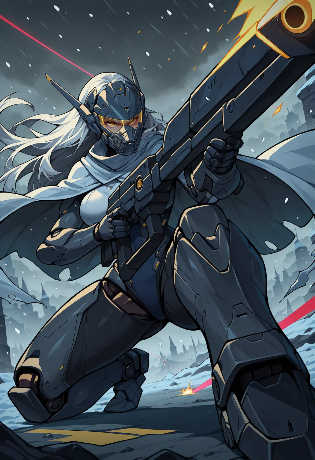 masterpiece, best quality, foreshortening, 1girl, white hair, yellow eyes, torn clothes, headgear, visor, mechanical arms, white cloak, mechanical legs, armored boots, weapon, science fiction, outdoors, snowing, overcast, blizzard, wind, muzzle flash, holding, sniper rifle, serious, (huge weapon:1.1), on one knee, foreshortening, dynamic pose, dutch angle, laser,
