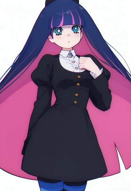 score_9, score_8_up, score_8, medium breasts, (curvy), cute, eyelashes,     
patStocking, stocking anarchy, blue eyes, blue hair, colored inner hair, hair bow, long hair, multicolored hair, pink hair, two-tone hair, bangs, blunt bangs, striped thighhighs, black dress, puffy sleeves, long sleeves, collared shirt, white shirt,
zzLoveLive,, zPDXL,