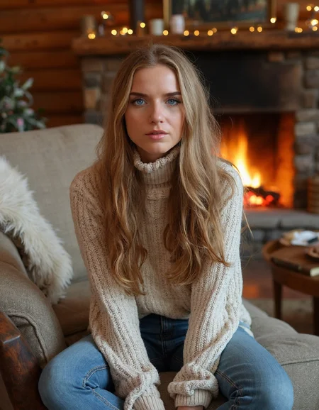 Subject: A woman sitting on a plush, oversized armchair in a cozy, rustic cabin surrounded by towering trees and a crackling fireplace.
Lighting: Warm, golden light from the fire casting a cozy ambiance.
Camera Angle: Eye-level shot, looking straight at the woman's face as she gazes out at the viewer.
Composition Style: Leading lines of the chair and surrounding decor converge to her eyes.
Clothing: High-necked, long-sleeved sweater in soft, earthy tones with a chunky knit pattern.