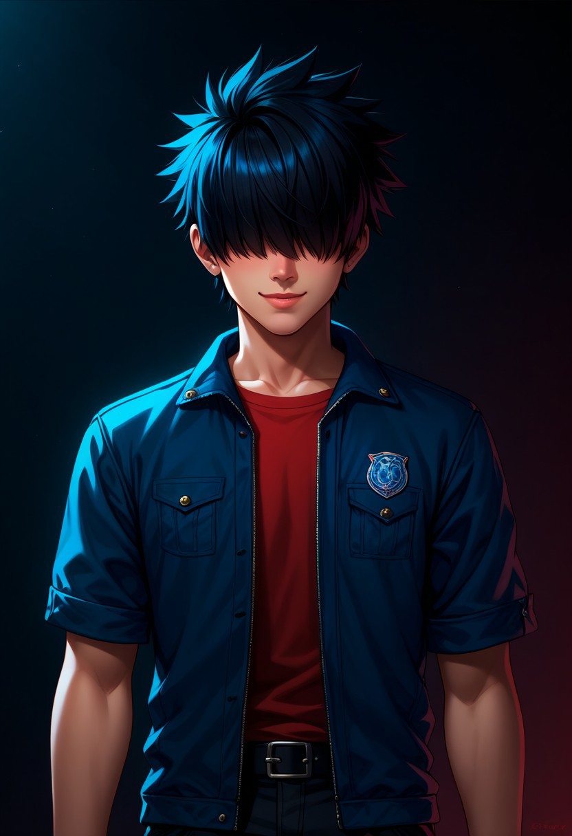 score_9, score_8_up, score_7_up, score_6_up, easynegative, ng_deepnegative_v1_75t, 1 boy, solo, bright dynamic skies in the background, detailed background, boy wearing a red shirt and a small black jacket, stylish, black hair, hair covering eyes, spikey hair, spiked hair facing front, boy's hair covering his eyes, hair over eyes, boy wearing a blue shirt and small black jacket in a bedroom, boy looking in the distance, looking away, smiling, dark lighting, dark road, bright skies, full view, view from below,