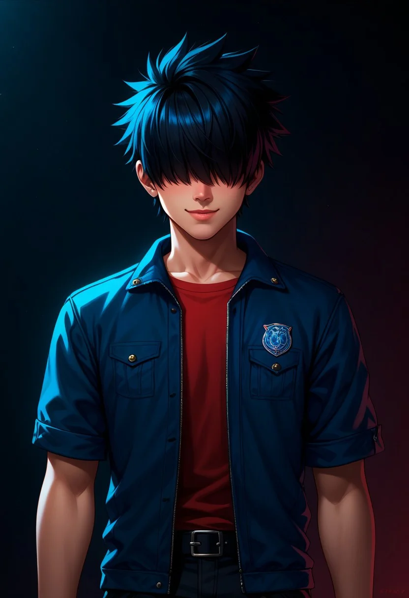 score_9, score_8_up, score_7_up, score_6_up, easynegative, ng_deepnegative_v1_75t, 1 boy, solo, bright dynamic skies in the background, detailed background, boy wearing a red shirt and a small black jacket, stylish, black hair, hair covering eyes, spikey hair, spiked hair facing front, boy's hair covering his eyes, hair over eyes, boy wearing a blue shirt and small black jacket in a bedroom, boy looking in the distance, looking away, smiling, dark lighting, dark road, bright skies, full view, view from below,