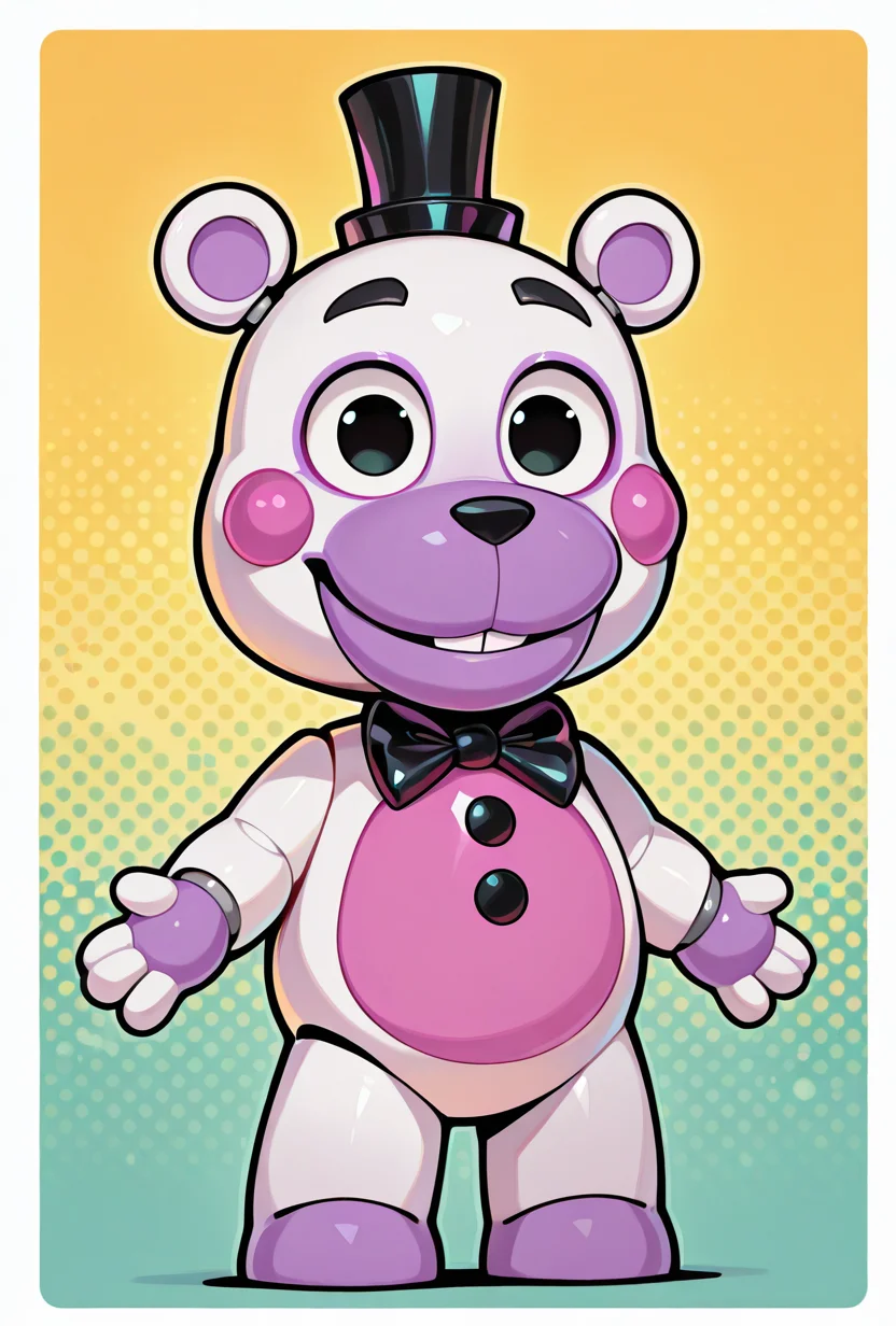 <lora:helpi-10:1> helpi, solo, top hat, bowtie, animal ears, mini hat, furry, pink belly.  teddy, animatronic, robot, chibi, smile, toy, masterpiece, best quality, amazing quality, very aesthetic, absurdres, newest,, upper body, halftone effect, white borders, abstract background:1.2,