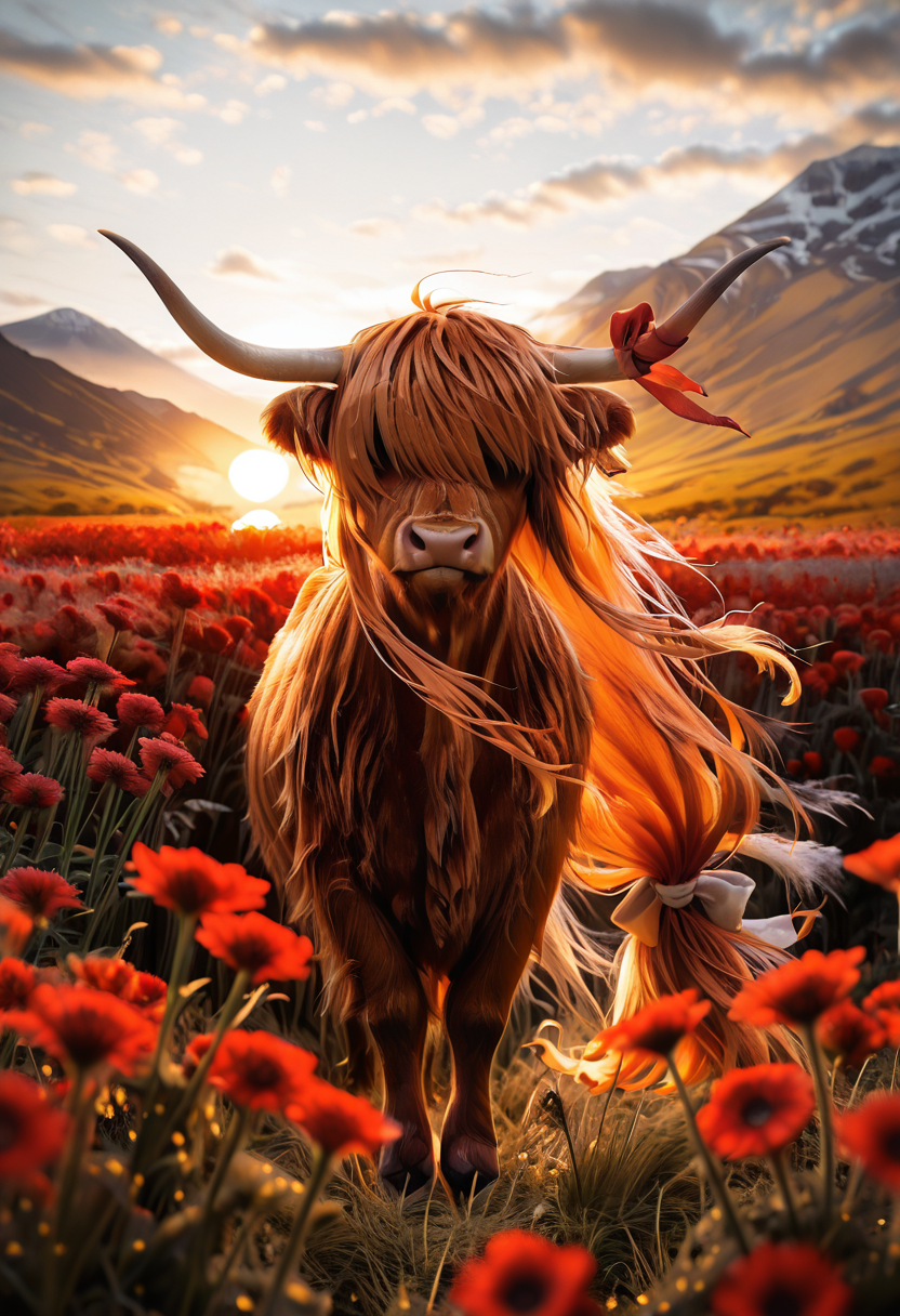masterpiece, best quality,   (long flowing in the wind:1.2), no humans,  lora:IbukiSuikaTouhouIXL:1.0>, zzSuika, brown eyes, hair bow, horns, long hair, low-tied long hair, oni horns, orange hair, very long hair, horn ribbon,  zzCow, solo, flower, outdoors, sky, cloud, blurry, cloudy sky, red flower, scenery, sunset, ,, mountain, sun, field, flower field, year of the ox, sunrise,  hair over eyes,  ,<lora:HighlandCow_IXL:1.0>,