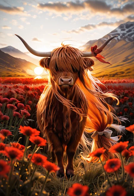 masterpiece, best quality, (long flowing in the wind:1.2), no humans, lora:IbukiSuikaTouhouIXL:1.0>, zzSuika, brown eyes, hair bow, horns, long hair, low-tied long hair, oni horns, orange hair, very long hair, horn ribbon, zzCow, solo, flower, outdoors, sky, cloud, blurry, cloudy sky, red flower, scenery, sunset, ,, mountain, sun, field, flower field, year of the ox, sunrise, hair over eyes, ,<lora:HighlandCow_IXL:1.0>,
