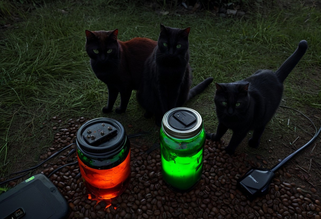 a photo of two cats side by side, black cat, orange cat, clutter, trash, outdoor, glass bottle, green goo, electronics, charger, 18650, glass jar, red liquid, axe, log, debris, coffee beans, backlit, low key