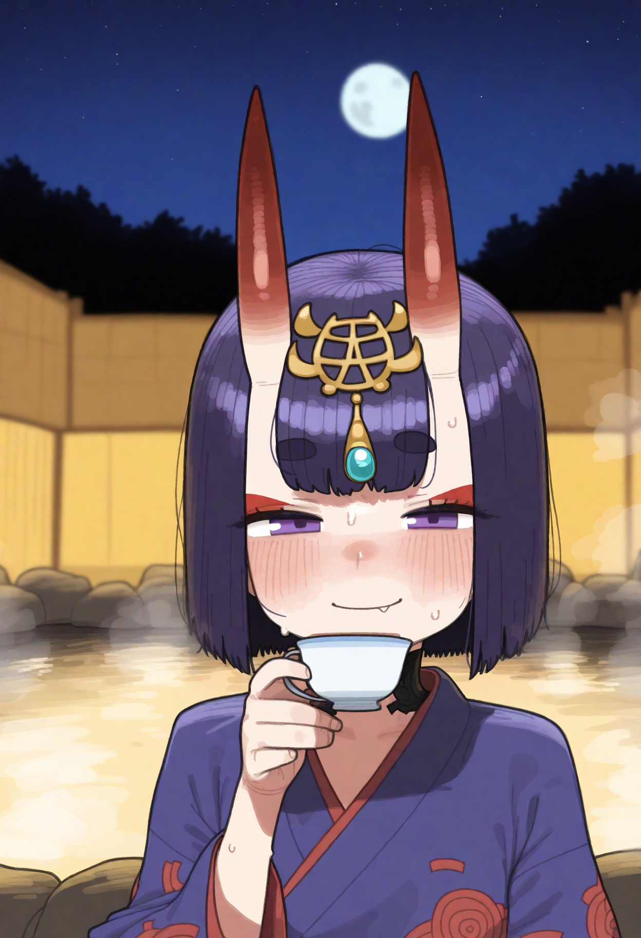 masterpiece, best quality, good quality, shutenanon,
fate \(series\), fate/grand order, shuten douji \(fate\), 1girl, black hair, half-closed eyes, headpiece, horns, japanese clothes, kimono, looking at viewer, oni, purple eyes, short hair, sketch, skin-covered horns, smile, solo, upper body, outdoors, onsen, teacup, night, moon, steam, starry sky, floral print, 
<lora:ai_styles_collection_noob_vpred-1.0-v4.02:1>
