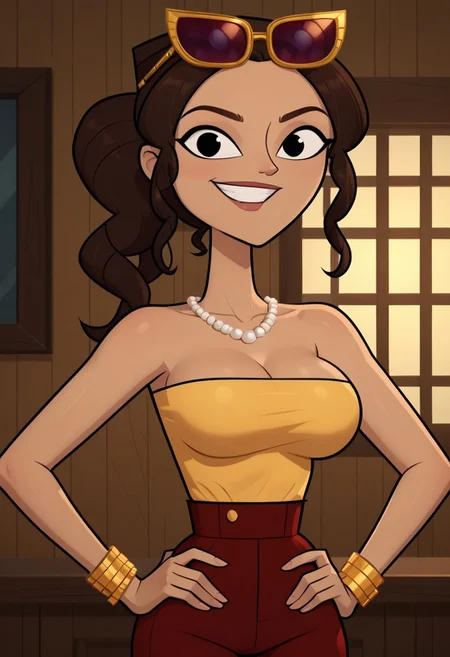 ((room background)),score_9, score_8_up, score_7_up,score_6_up,
1girl, solo, Riya_DC, light brown skin, black eyes, long hair, dark brown hair, voluminous wavy hair, hairstyle ponytail, gold sunglasses on the head, gold bracelets, white pearl necklace, yellow strapless fitted top, dark red skinny pants, dark brown long boots, big eyes, cute, tall stature, social smile, perfect eyes, perfect smile, looking at the viewer, detailed eyes, perfect eyes, standing, big breasts (front pose, front view, bust shot) five fingers, perfect hands, hands on hips