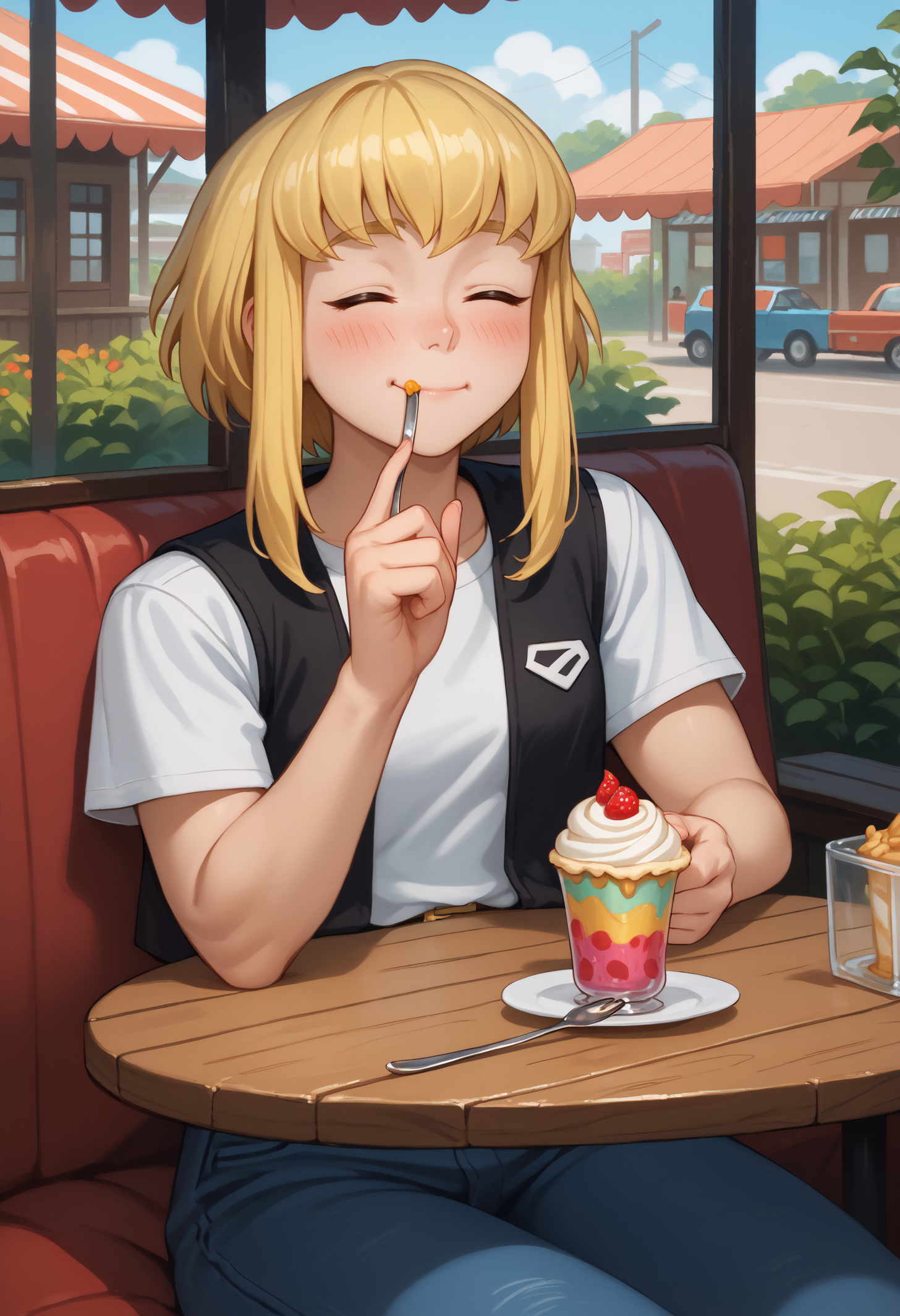 score_9, score_8_up, score_7_up, 1girl, solo, karazoreldef, closed eyes, short hair, blonde hair, medium breasts, toned, 
black vest, white t-shirt, belt, denim jeans,
excited, blush, happy, sundae, food, closed mouth, foodgasm, holding spoon, crumbs on mouth, finger to cheek, 
outdoors, restaurant, booth seating, sitting, table,
<lora:Kara-Zor-ElPDXL_V1-Manityro-CAME:1.0>,