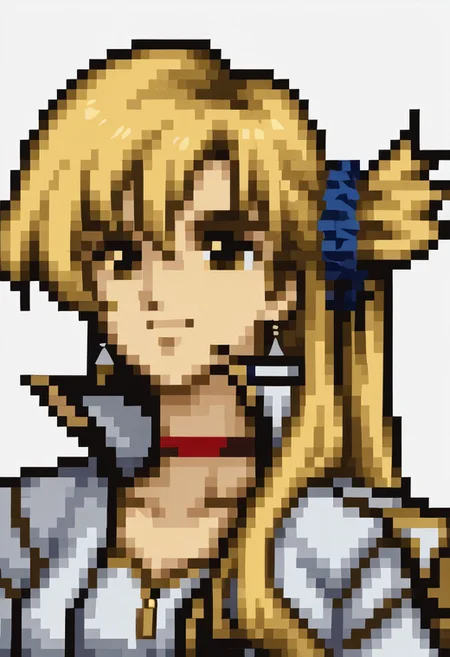 score_9, score_8_up, score_7_up, source_anime, 1girl, solo, smile,
<lora:zs_FE4PortraitsXL:1> fe4portraits, portrait, pixel art, white background
<lora:alisareinford-pdxl-nvwls-v1-000006:1> sen3alisa, blonde hair, side ponytail, scrunchie, choker, white jacket, white dress