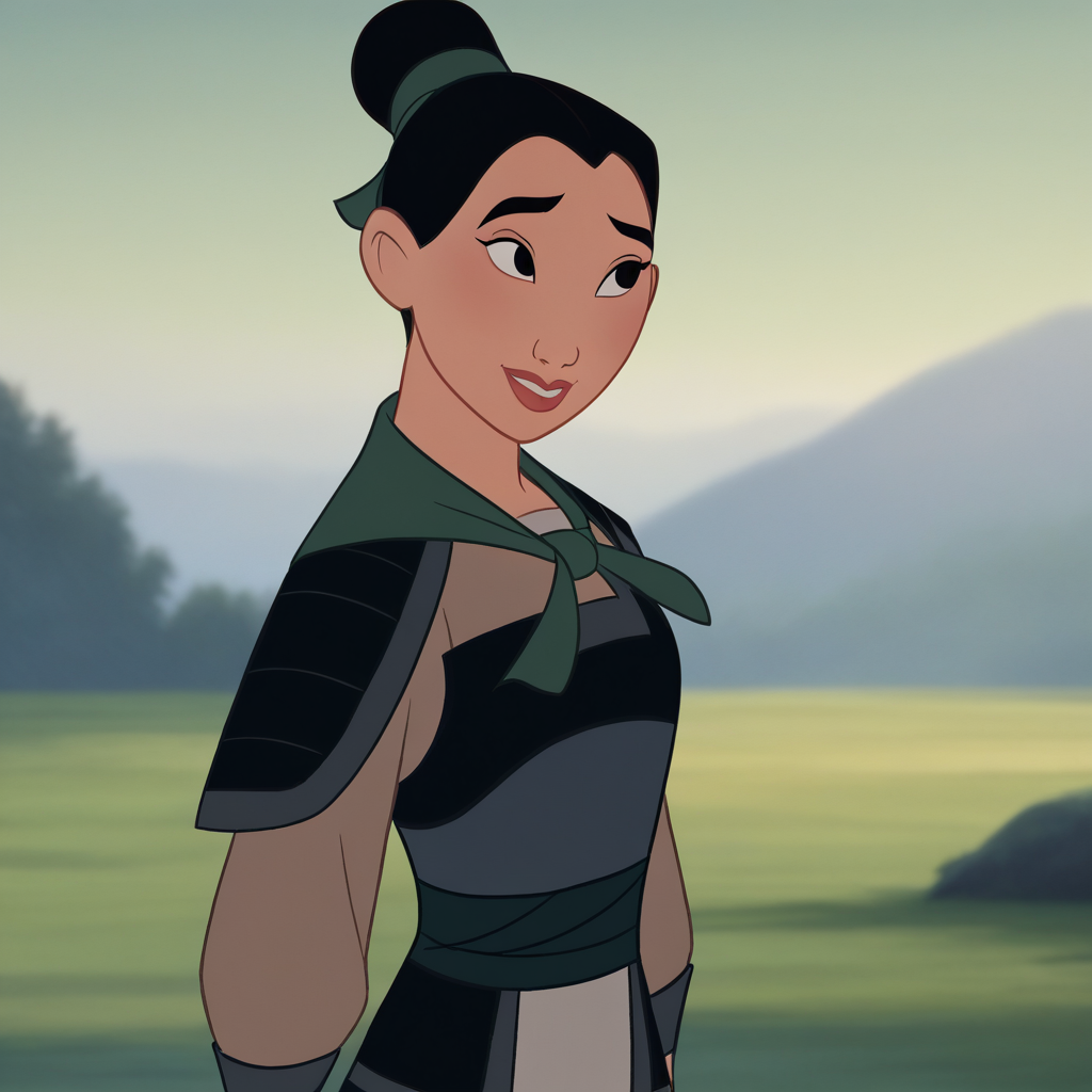score_8_up, BREAK, MULAN, 1girl, solo, black hair, hair bun, black  eyes, armor, long sleeves, cowboy shot, outdoors, <lora:FaMulan_PXL_Leaf1:1>, light smile, arms at sides,