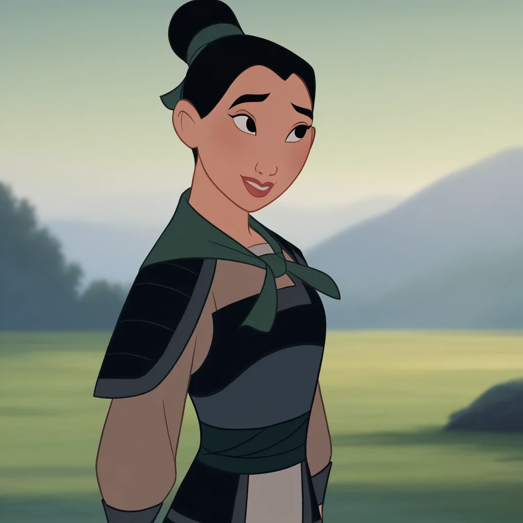score_8_up, BREAK, MULAN, 1girl, solo, black hair, hair bun, black eyes, armor, long sleeves, cowboy shot, outdoors, <lora:FaMulan_PXL_Leaf1:1>, light smile, arms at sides,