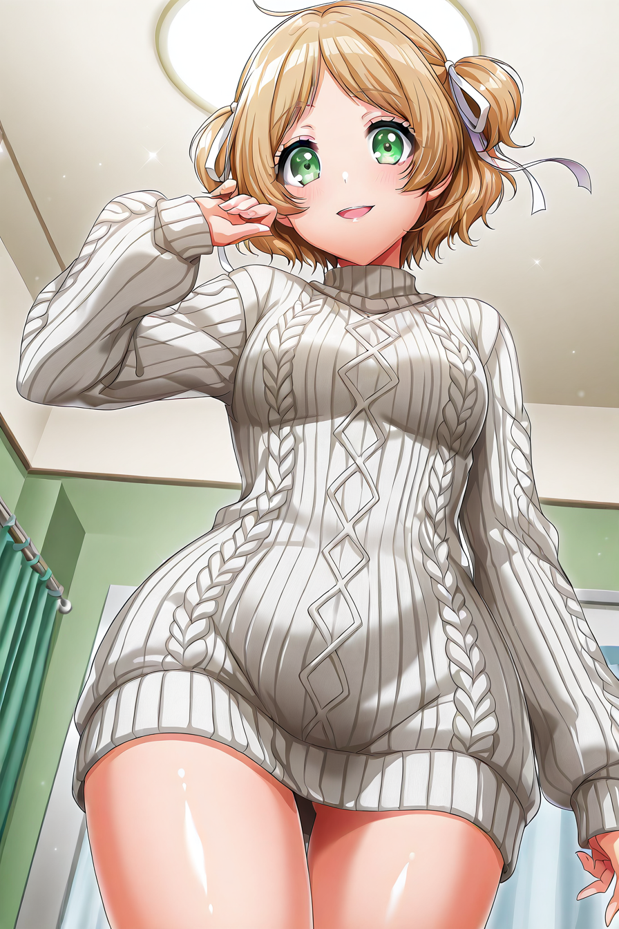 shiny skin, posing,
<lora:d4dj.il:1>,
d4dj,
miiko,
wide hips,
sweater, bottomless, low angle, tight clothes,