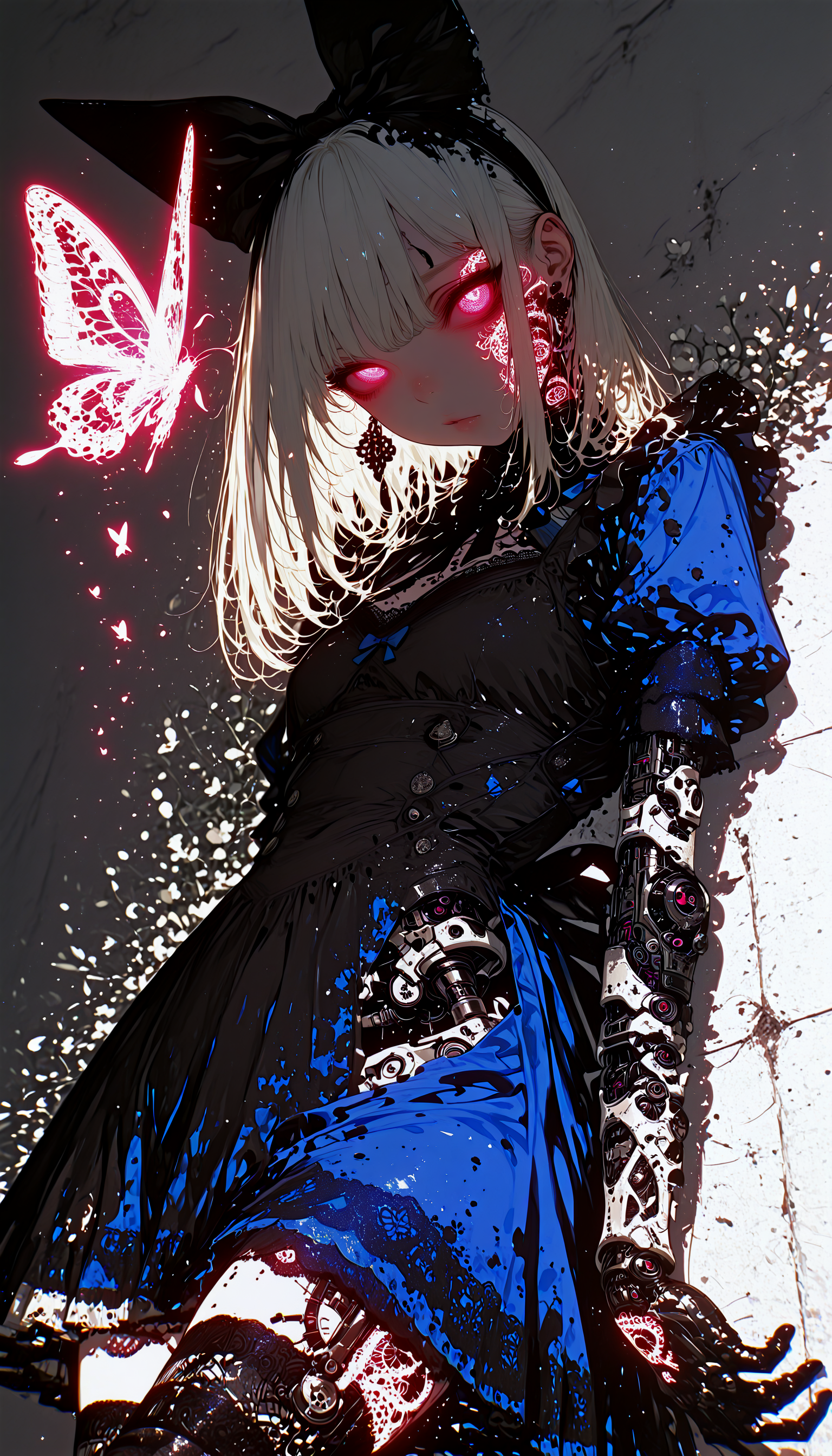 dynamic angle, 1girl, petite, alice in wonderland, apron-dress, frill, big bow on head, (pocket watch on waist:0.7), dynamic pose, looking at viewer, lace trim, over-kneehighs, glowingconcept, glowing_face_tattoo, glowing_eyes, Smo0thL1nes, (mechanical parts:0.9), mechanical joint, mechanical eye, flying glowing butterfly, glowing effects, bioluminescent, white theme, blue tone, purple tone, uncanny, fantasy, science fiction, best quality, amazing quality, very aesthetic, absurdres, newest, high contrast, clear color, beautiful shadow, beautiful light, cinematic light, cinematic shadow, bokeh, glare, (overexposed:1.2), high exposure, washed out colors, (subsurface scattering:1.2),  <lora:Glowing_tattoo_concept:0.7> <lora:iLLMythSmo0thL1nes:0.9>