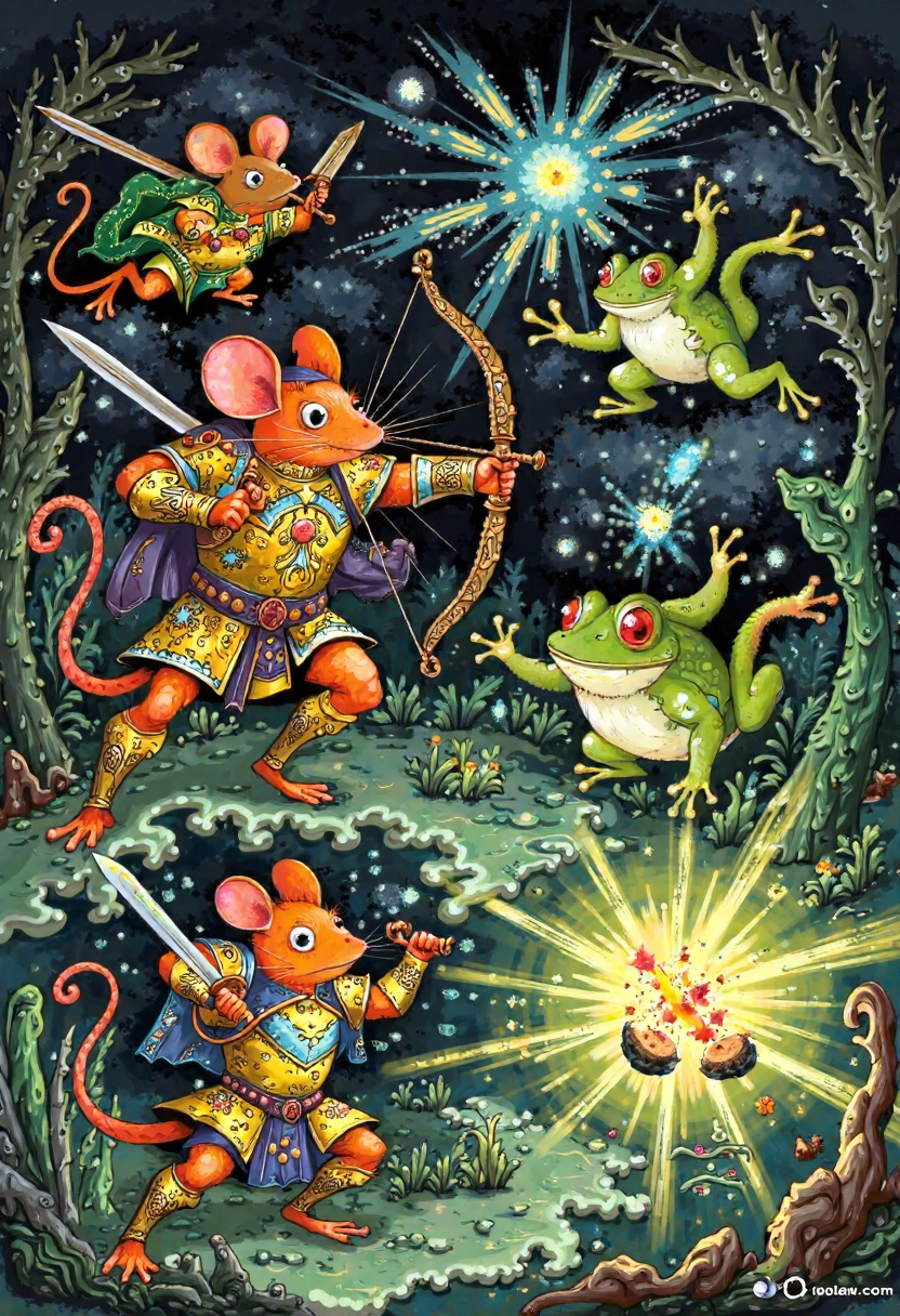 Clip L palech_styleIllustrate a fantastical battle scene between mice and frogs. The mice should be robust, armored fighters wielding bows and swords, while the frogs should be smaller and less well-armed, relying on magic and trickery to defeat their larger opponents. The setting could be a swampy battlefield under a murky sky, with vines and branches littering the ground. Show detailed animations of the mice's intricate armor designs and the frogs' magical spells, like flickering lights and floating objects. Use a muted color palette for the frogs and a brighter, more vibrant one for the mice to create contrast and excitement. The overall effect should be a whimsical yet tense clash of species, showcasing the ingenuity of both sides in the face of adversity. Illustration in the palech styleT5XXLpalech_styleIllustrate a fantastical battle scene between mice and frogs. The mice should be robust, armored fighters wielding bows and swords, while the frogs should be smaller and less well-armed, relying on magic and trickery to defeat their larger opponents. The setting could be a swampy battlefield under a murky sky, with vines and branches littering the ground. Show detailed animations of the mice's intricate armor designs and the frogs' magical spells, like flickering lights and floating objects. Use a muted color palette for the frogs and a brighter, more vibrant one for the mice to create contrast and excitement. The overall effect should be a whimsical yet tense clash of species, showcasing the ingenuity of both sides in the face of adversity. Illustration in the palech style