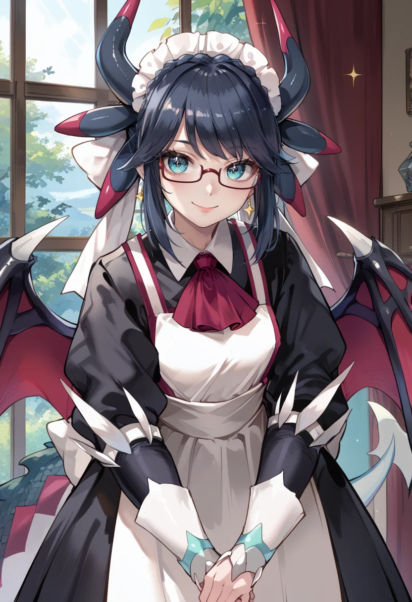 (score_9:0.9),score_8_up,score_7_up,rating_safe,anime style,(zPDXL),<lora:House Dragonmaid ponyXL v1:0.74>,house dragonmaid,1girl,curtains,glasses,maid dress,solo,window,maid headdress,looking at viewer,red ascot,dragon wings,indoors,smile,own hands together,sparkle,standing,silver fingerless gloves,mob cap,bent over,indoor,