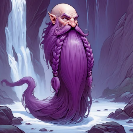 Harry_Dwarf, D&D illustration style, full body shot, front facing, gritting teeth dwarf-like character, flowing long Violet beard, braided moustache,bald , <lora:Harry_Dwarf:1>, next to a waterfall