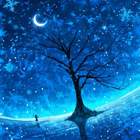 <lora:star_xl_v2:1>,
a painting of a tree and a moon in the sky with snow flakes on it and a blue background, 1girl, solo, tree, glowing, scenery, blue theme, silhouette, snowflakes, night, moon, reflection, crescent moon, bare tree, The image showcases a serene nighttime landscape. Dominating the scene is a large, leafless tree with intricate branches, standing tall against a backdrop of a starry sky. Snowflakes are scattered throughout the sky, and there's a crescent moon visible. The ground is reflective, possibly a body of water, and a small figure, possibly a child, stands near the tree's base, gazing up at the celestial wonders. The overall color palette is dominated by shades of blue, creating a cold and ethereal atmosphere., sky, water, figure