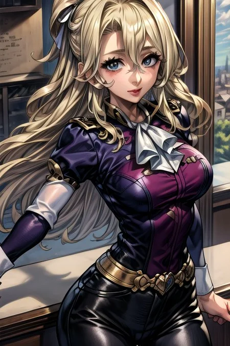masterpiece, Lily Kokoschka , best quality, best quality, ultra-detailed, highres,sharp focus,(ultra detailed,extremely detailed), 1girl,(masterpiece, best quality), LilyKOKOSCHKA, 1girl, solo, long hair, blonde hair, hair between eyes, uniform, ascot, wavy hair, eyes visible through hair, white ascot, riding pants, hungry clicker, Pointing, Commanding