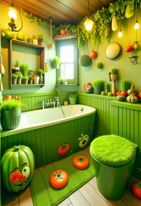 <lora:Custom_Bathroom_Crafter_FLUX-000013:0.8>
This is a photograph of a rustic, garden-themed bathroom, with green details, vegetable shaped bathtub, and grass toilet.