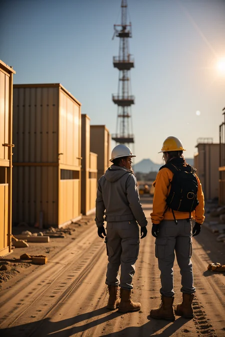 <lora:LCM_LoRA_Weights_SD15:1>,<lora:detail_slider_v4:1.1>,(industrious construction worker) 32yo old middle-aged Woman, normal build, extra long metallic silver dreadlocks hair, australian, tan skin, brown eyes, wearing a construction helmet, orange insulated jacket, reflective work trousers, work boots, safety harness, ear protection,work gloves, set in a desert construction site, featuring sandy conditions, water stations, heavy machinery, and workers in sun protection gear , during sunrise,from behind:1.1,(full body portrait:1.3),(wide shot:1.3),experimental photography, pushing the boundaries of creativity, unconventional techniques, innovative concepts, artistic exploration, thought-provoking imagery, pushing the boundaries of traditional photography,