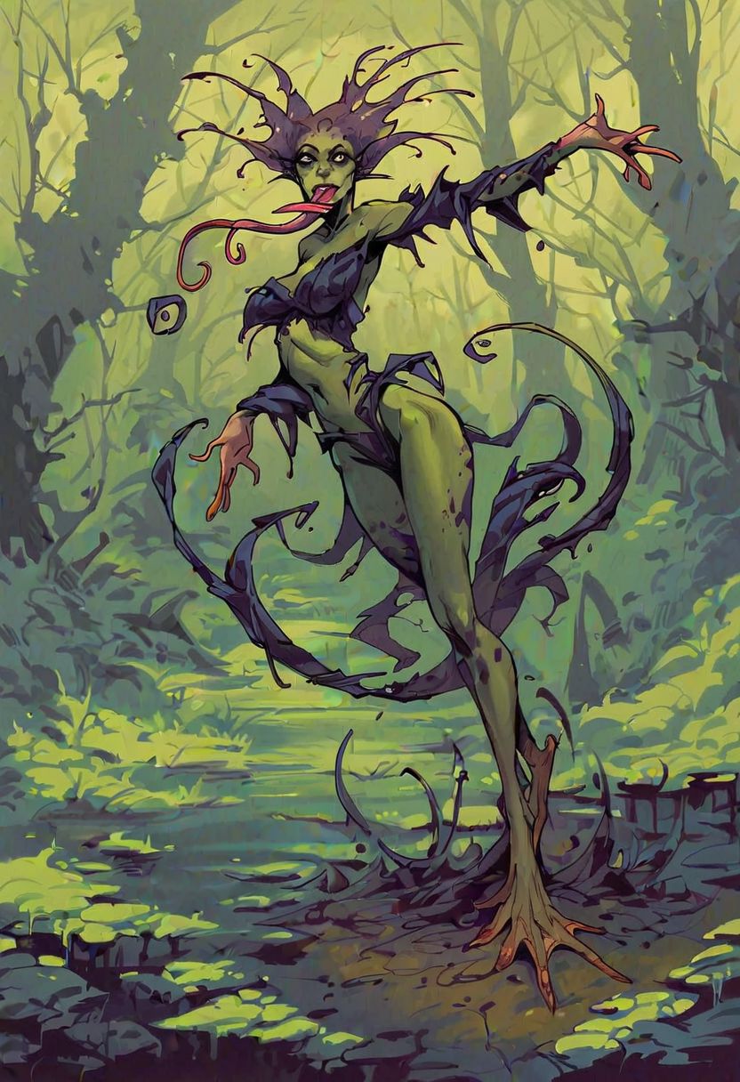 score_9, score_8_up, score_7_up, score_6_up, score_5_up, score_4_up,
DnD character concept art, rpg character art,  big round staring eyes, swamp, amphibian woman, swamp queen, seductive swamp witch, green skin, 
a slimy girl, tongue hanging, long thin tongue, webbed feet, prehensile toes, realistic, high quality, detailed, staring round eyes, outstanding,