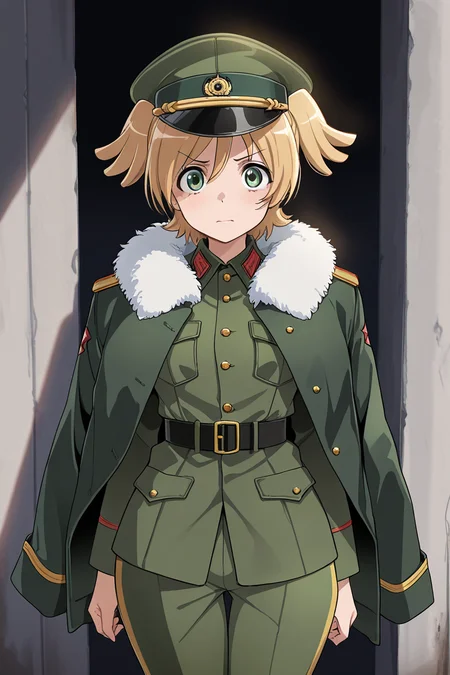 masterpiece, best quality, amazing quality,
<lora:Nana_IL:1> nana, 1girl, green eyes, blonde hair, solo, twintails, green headwear, hat, fur trim, belt, short hair, military uniform, solo, uniform, military uniform, green pants, military, looking at viewer, belt, military hat, fur trim, jacket, offended,