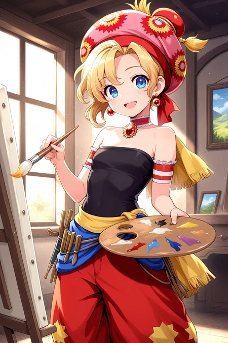1girl, RelmArrownyFinalFantasy,
general, solo, upper body,
short hair, blonde hair, blue eyes,
hat, earrings,
choker, jewelry, scarf,
strapless,
armband, paintbrush, palette \(object\),
baggy pants,
looking at viewer, \:D, painting \(action\),
fantasy, indoors, canvas \(object\),
<lora:kp_RelmArrownyFinalFantasyIllustrious_v1_0:1.0>,
masterpiece, best quality, amazing quality