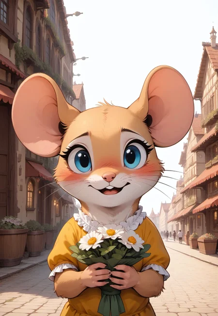 score_9, score_8_up, score_7_up, score_6_up, score_5_up, score_4_up, 

[][][][],

m0use_goldie, (yellow frilly shirt), (holding bouquet), 

[][][][],

(cute, feral:1.8), 

[][][][],

outdoors, building, village, (wall:1.3), (simple background), (upper body portrait, head focus), (nervous expression, embarrassed expression), (open mouth:0.8), look at viewer,