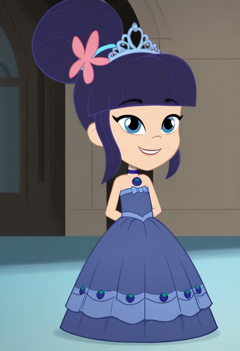 Blueberry_Muffin, 1girl, solo, dark blue hair, very big bun, flat bangs, light skin, blue-grey eyes, light blue hair tie, light pink flower, dark blue choker, long large dark blue floor length gown, ball gown, rhimestones. She is also wearing a tiara, hoop skirt, dome shape skirt, quinceanera, prom, pageant, full body, smile