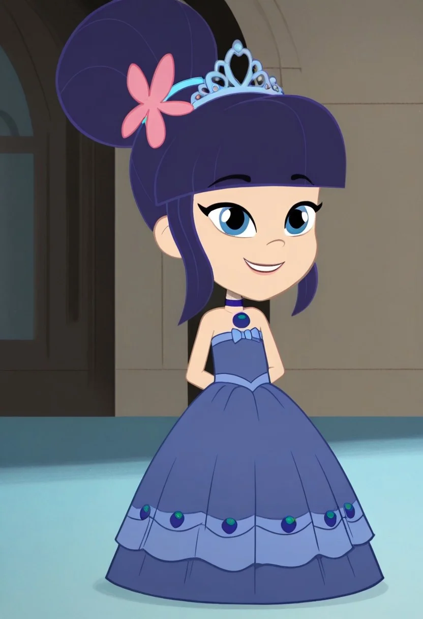 Blueberry_Muffin, 1girl, solo, dark blue hair, very big bun, flat bangs, light skin, blue-grey eyes, light blue hair tie, light pink flower, dark blue choker, long large dark blue floor length gown, ball gown, rhimestones. She is also wearing a tiara, hoop skirt, dome shape skirt, quinceanera, prom, pageant, full body, smile
