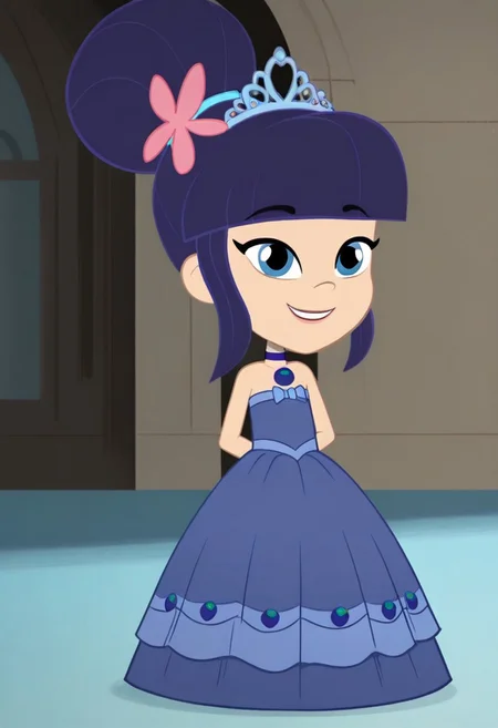 Blueberry_Muffin, 1girl, solo, dark blue hair, very big bun, flat bangs, light skin, blue-grey eyes, light blue hair tie, light pink flower, dark blue choker, long large dark blue floor length gown, ball gown, rhimestones. She is also wearing a tiara, hoop skirt, dome shape skirt, quinceanera, prom, pageant, full body, smile