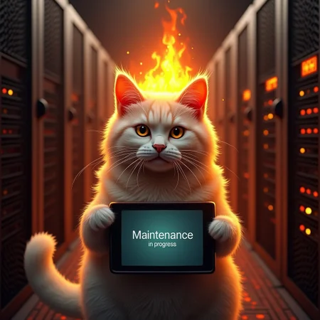 cat with top of head on fire holding a small screen with the text "Maintenance in progress",backround is servers on fire